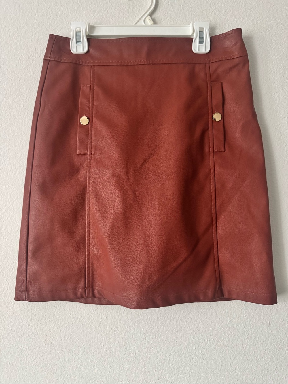 LOFT Rust-Colored Faux Leather Pencil Skirt with Gold Buttons